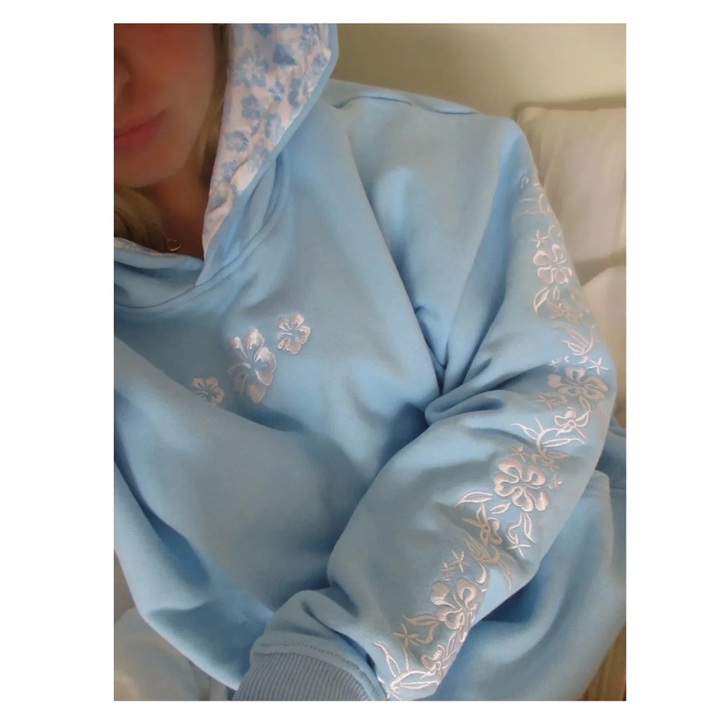 Floral Hibiscus Embroidered Blue Hoodie